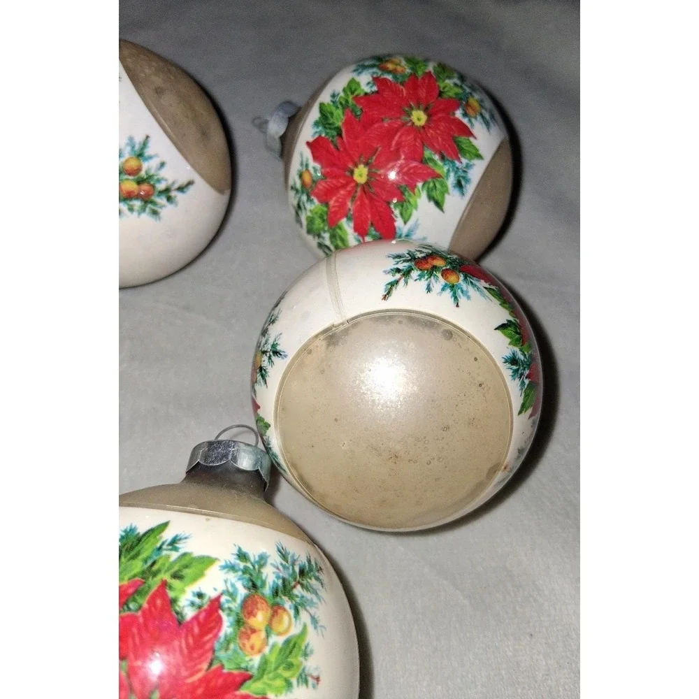 Vintage Made in USA Poinsettia Christmas Ball Ornaments Set of 5 3